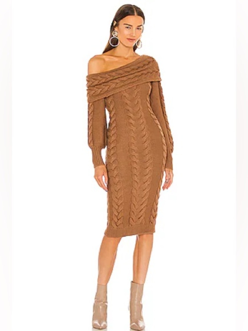 Michael Costello x Revolve One-Shoulder Cable Knit Midi Dress in Nude